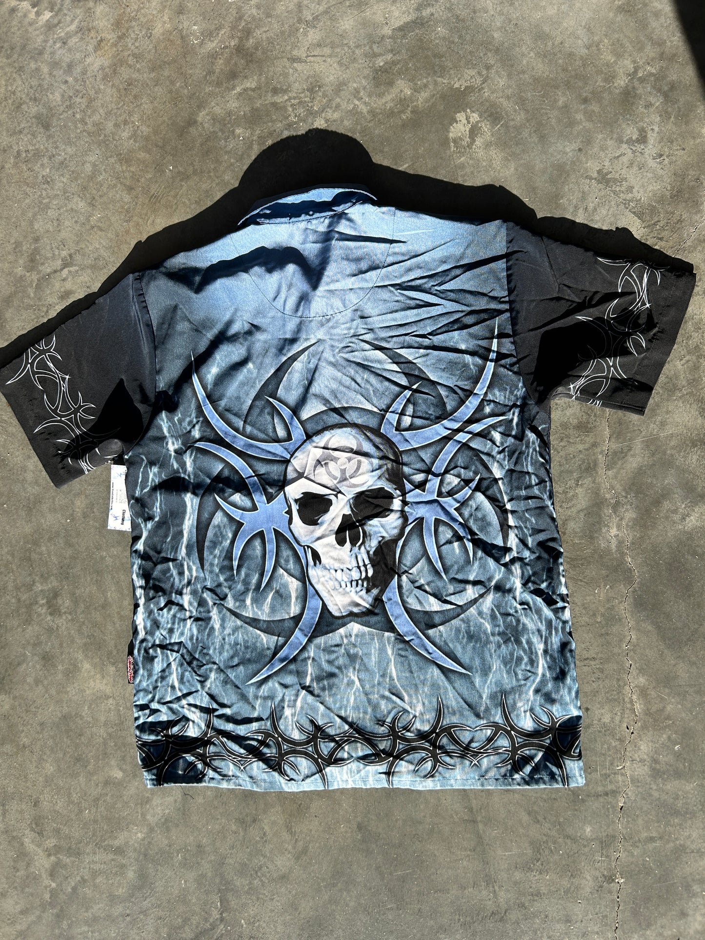 Y2K Blue Skull AOP Button Up (M)