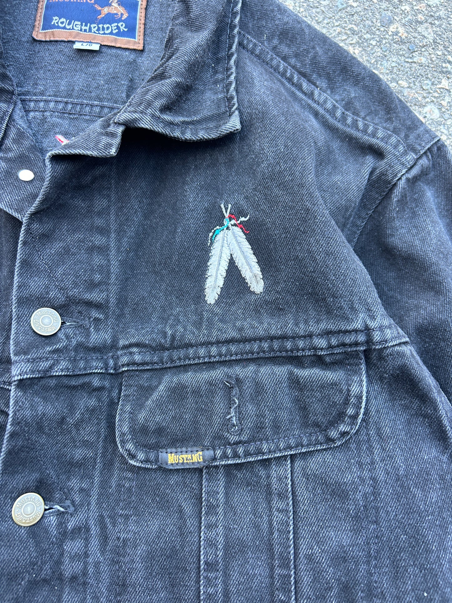 Vintage Black Custom Feather Embroidered Mustang Denim Jacket (L)