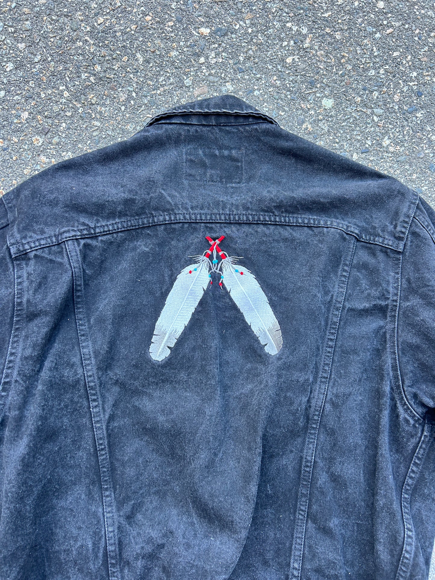 Vintage Black Custom Feather Embroidered Mustang Denim Jacket (L)