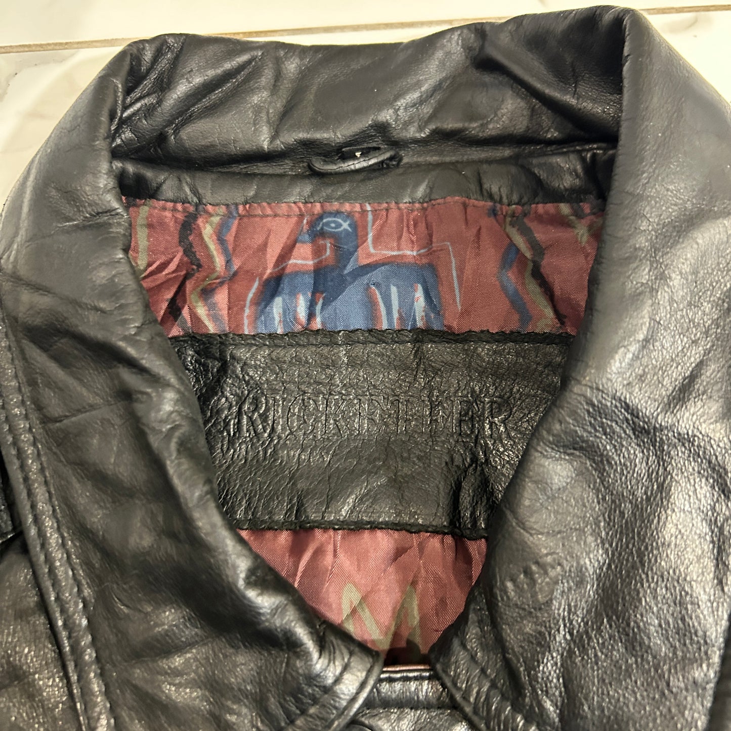 Vintage Aztec Pattern Lining Leather Jacket (L)