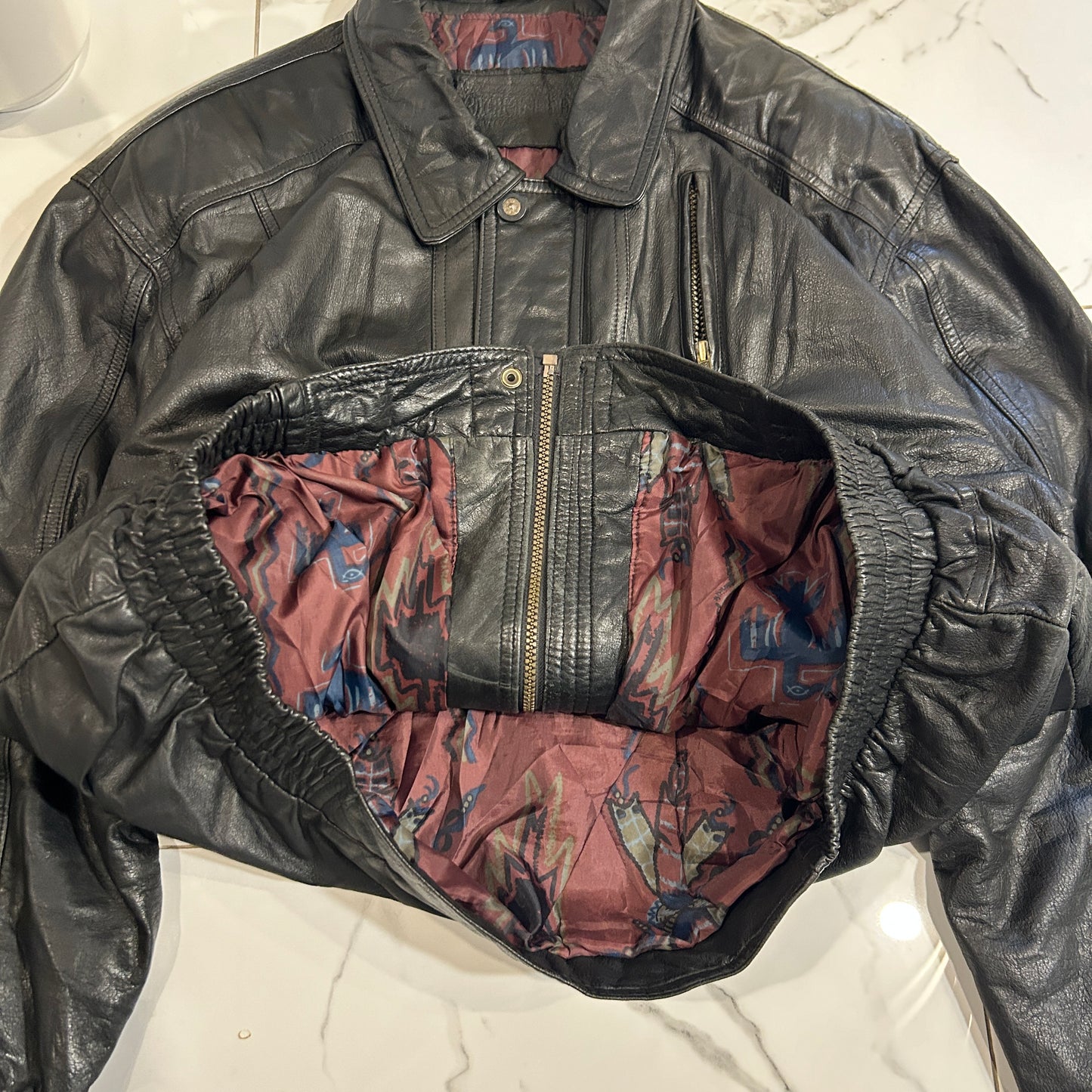 Vintage Aztec Pattern Lining Leather Jacket (L)