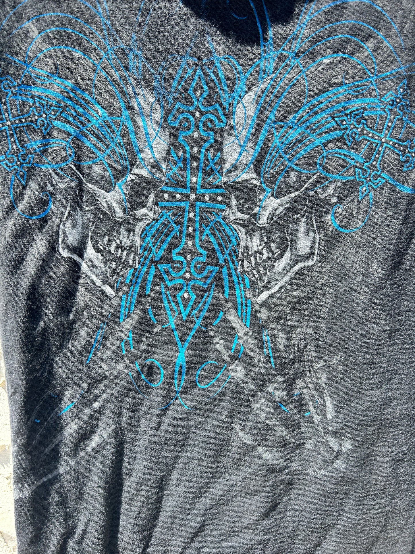 Y2K MMA Elite Blue Skulls Graphic Tee (L)