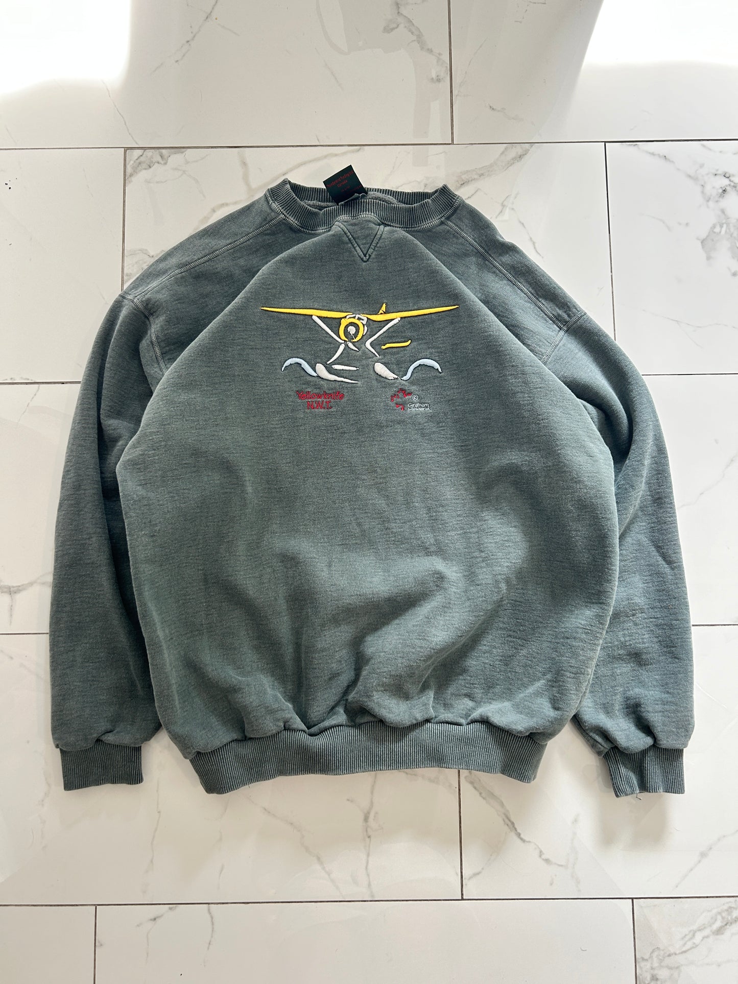 Vintage Green Stonewash Yellowknife Airplane Crewneck (fits XL)