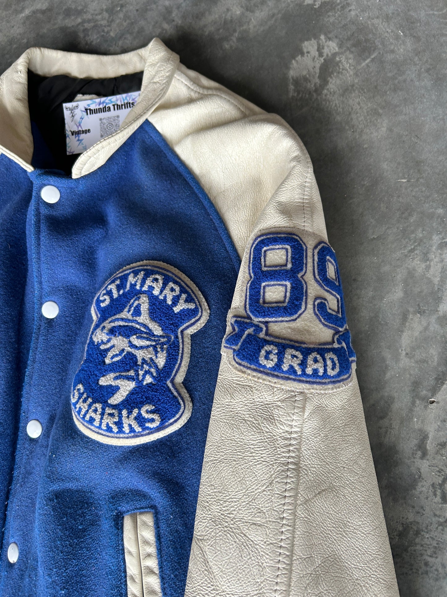 Vintage 1989 St. Mary’s Sharks Varsity Jacket (M)