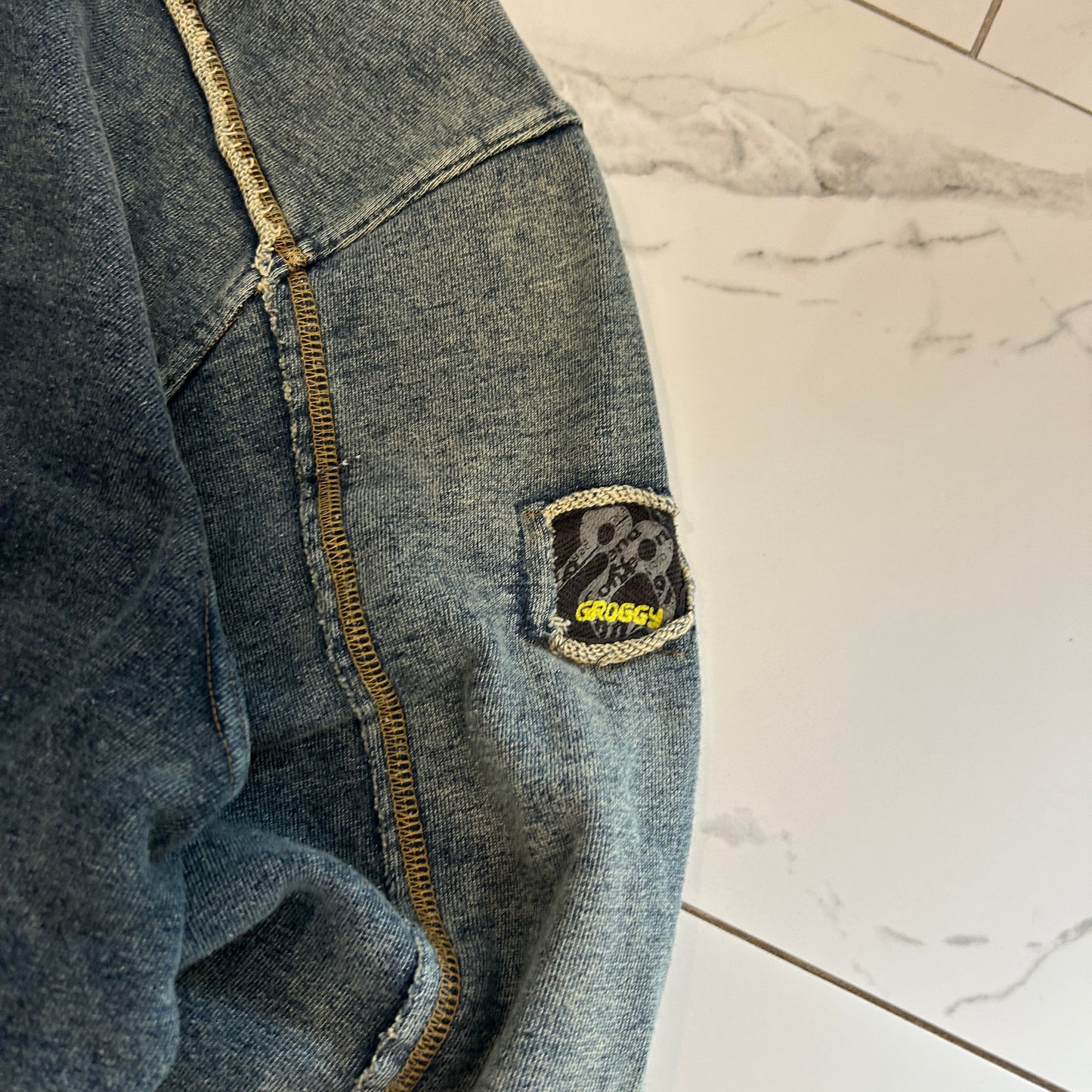 Faux Denim Cotton Seam Out Zip Sweater (XL)