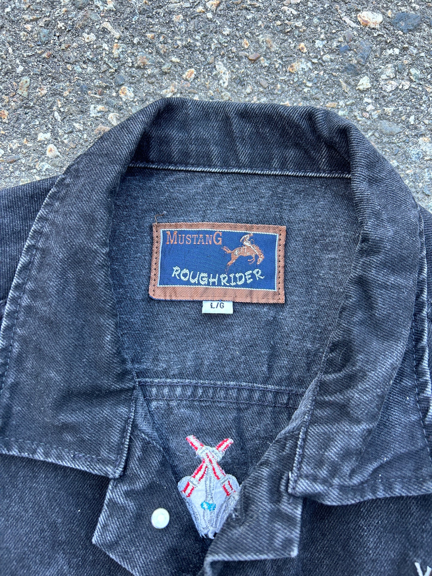 Vintage Black Custom Feather Embroidered Mustang Denim Jacket (L)