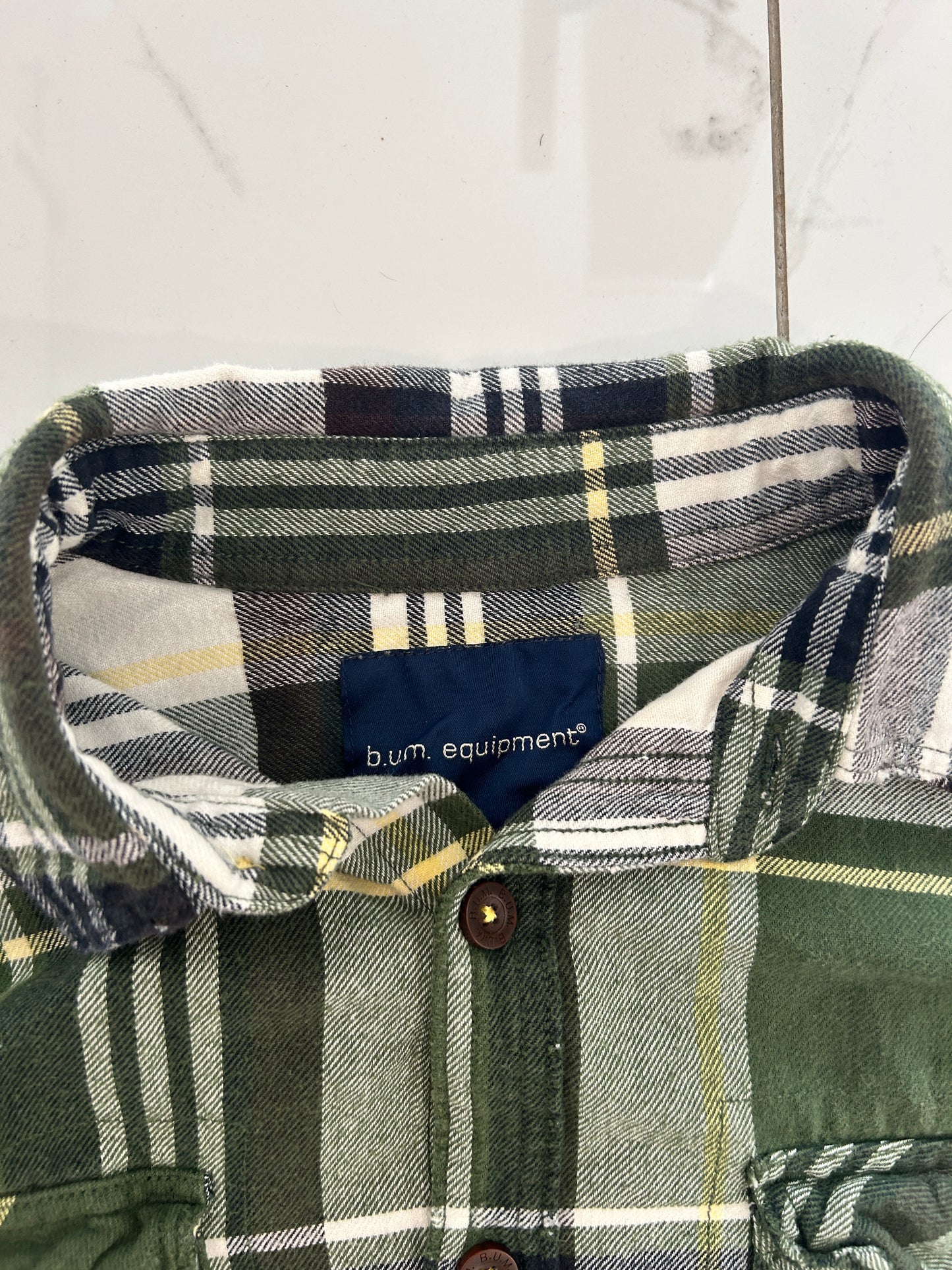 Green and White Striped Bum Equipment Flannel (L)
