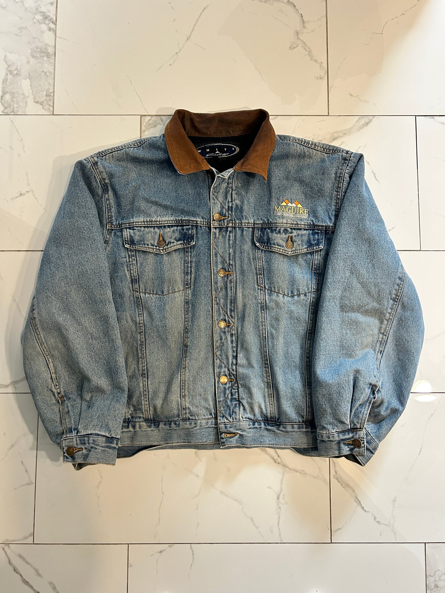 Vintage Fleece Lined Leather Collar Denim Jacket (L)