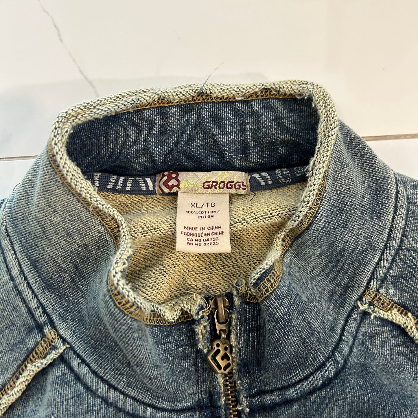 Faux Denim Cotton Seam Out Zip Sweater (XL)