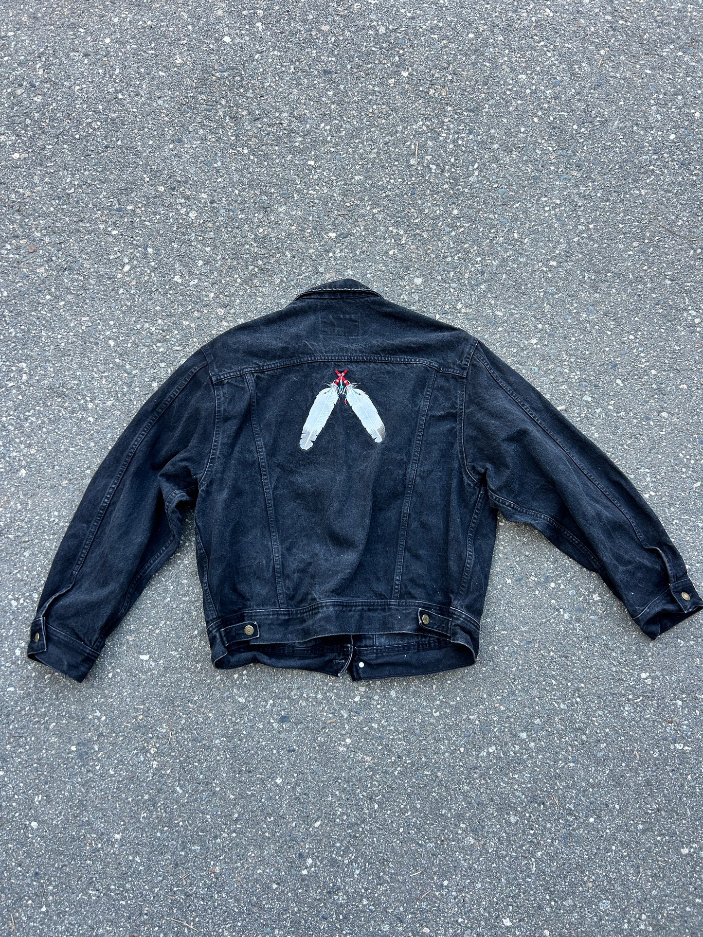 Vintage Black Custom Feather Embroidered Mustang Denim Jacket (L)