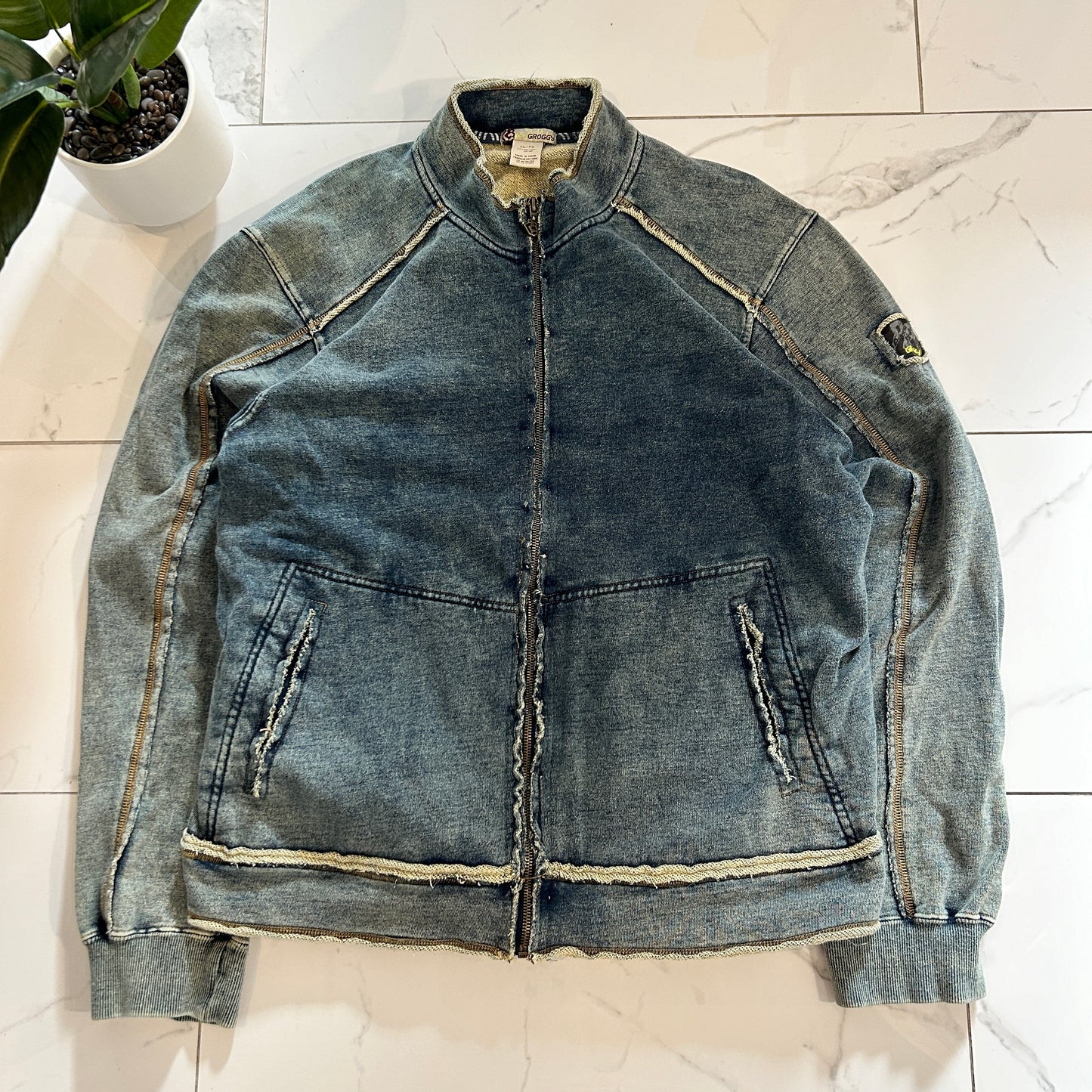Faux Denim Cotton Seam Out Zip Sweater (XL)