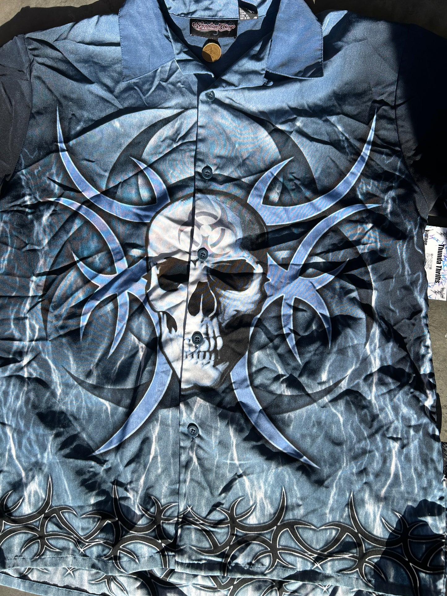 Y2K Blue Skull AOP Button Up (M)