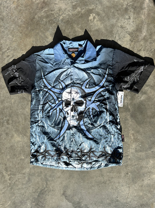 Y2K Blue Skull AOP Button Up (M)