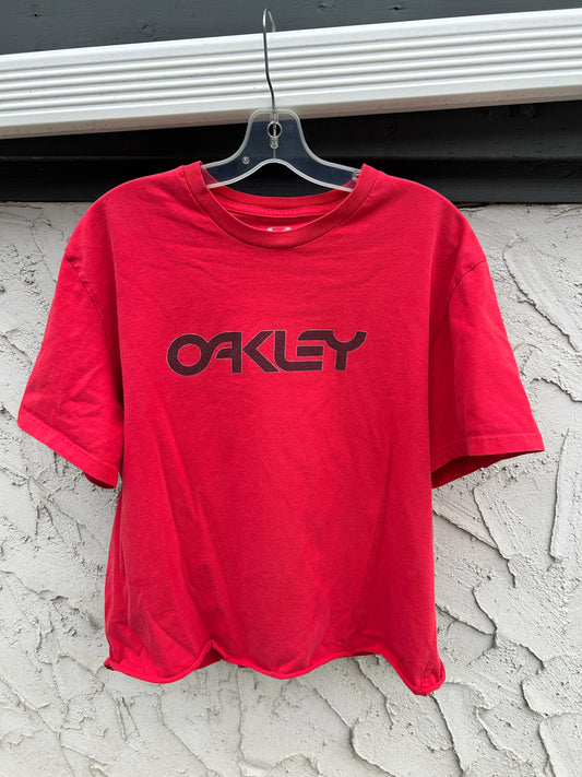 Y2K Cropped Red Oakley Spellout Tee (XL)