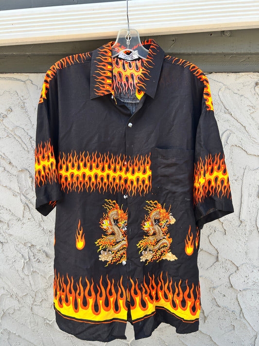 Y2K Flaming Dragon Button Up (XL)
