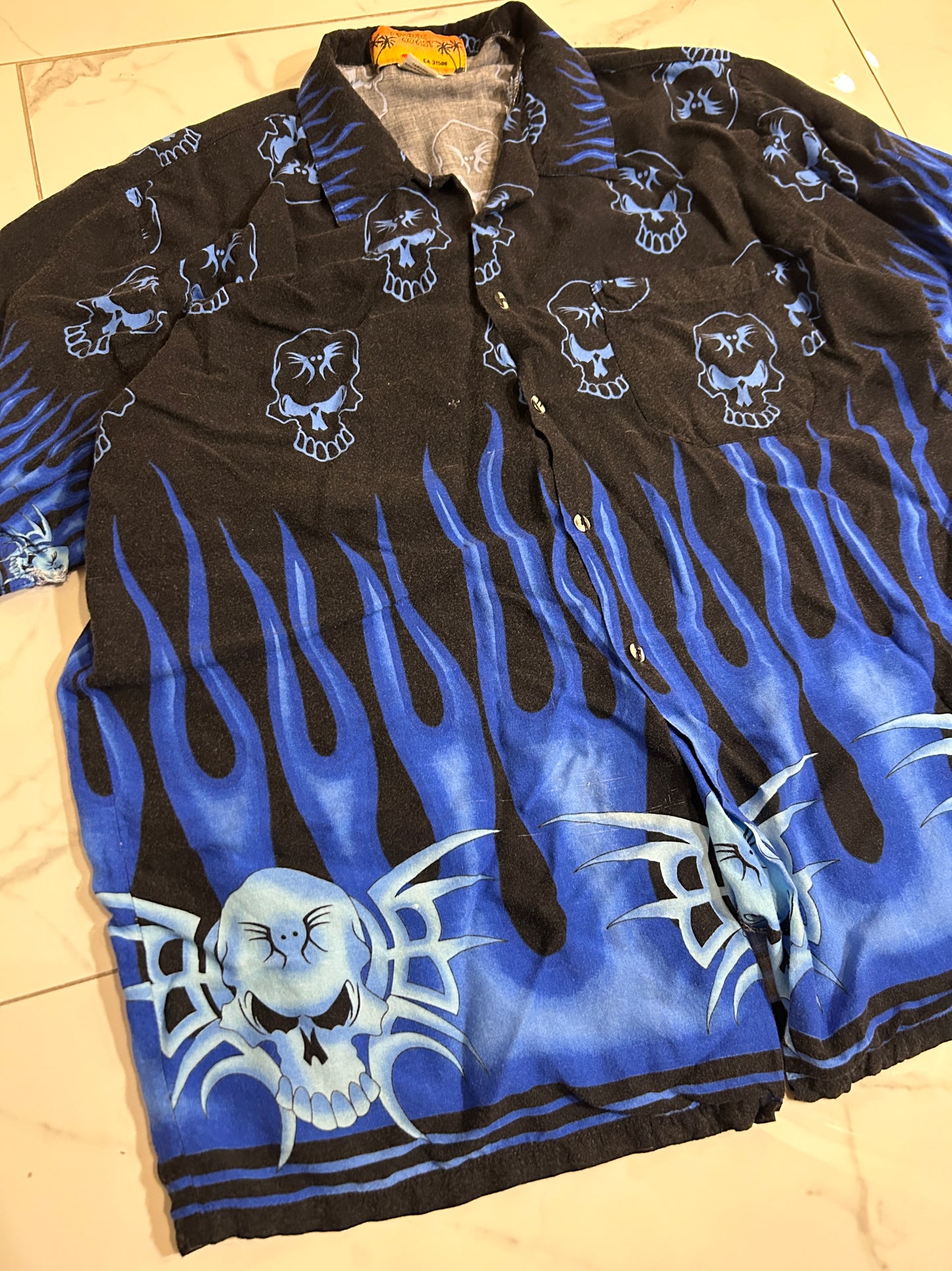 Y2K Blue Flame Skull Button Up (XL)