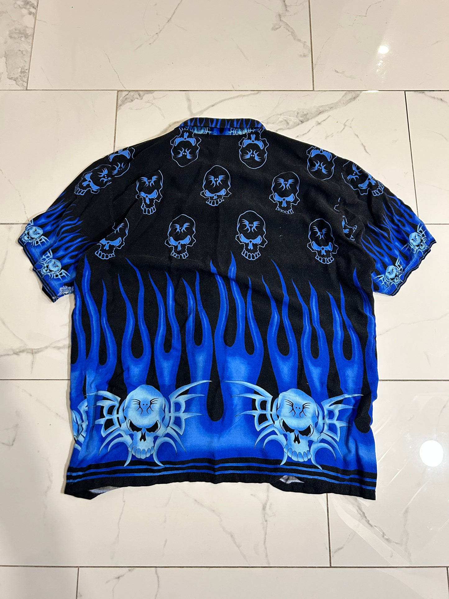 Y2K Blue Flame Skull Button Up (XL)