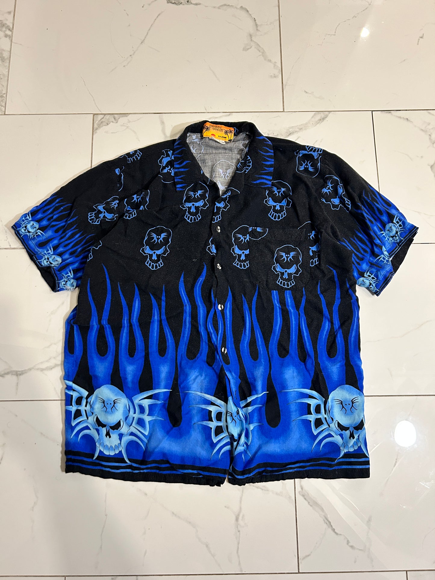 Y2K Blue Flame Skull Button Up (XL)