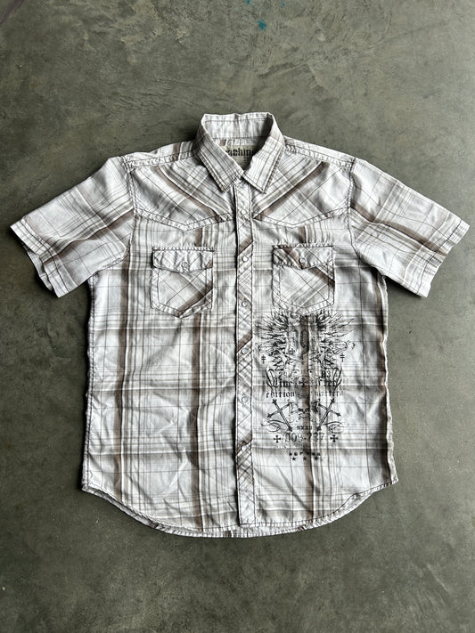 White Y2K Machine Snap Button Up (L)