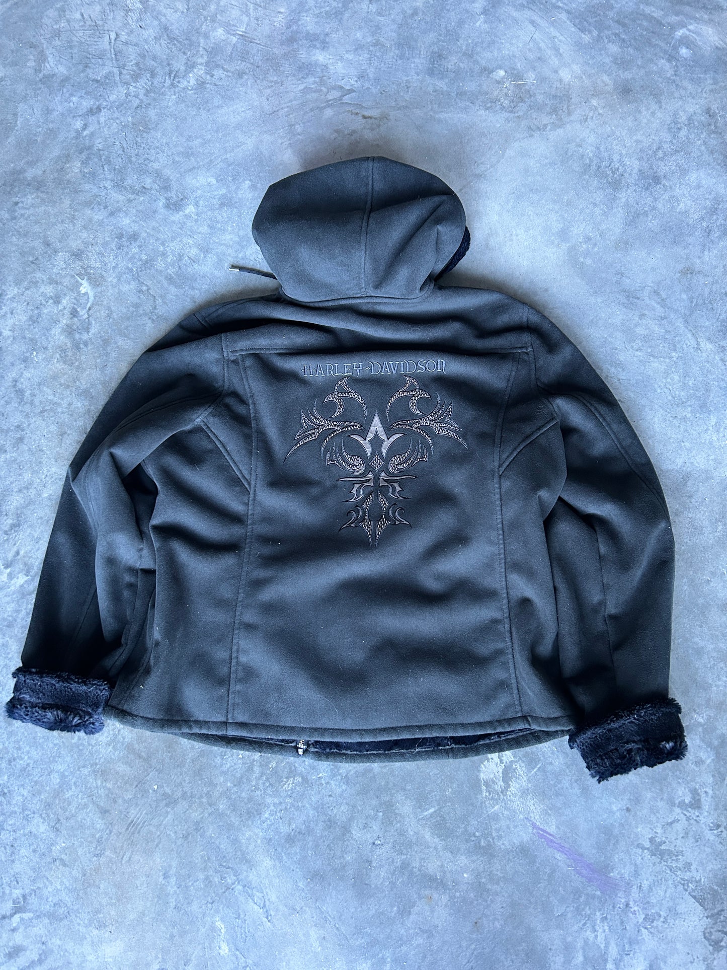 Y2K Suede Fur Lined Harley Zip Hoodie (XL)