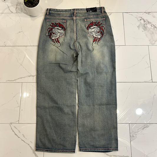 Baggy Skull Embroidered Jeans (40x32)