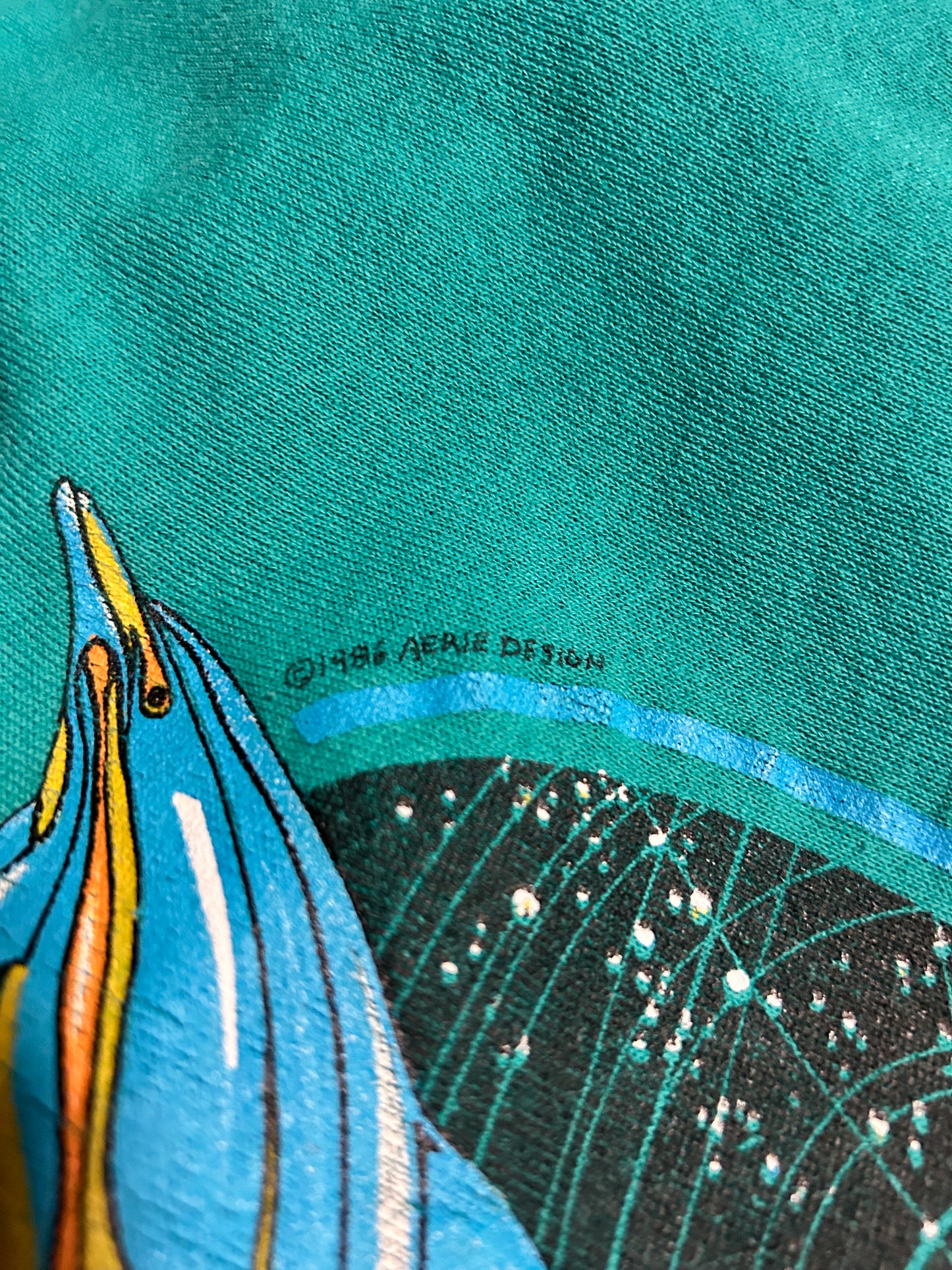 Vintage 1986 Aeire Designs Turquoise Space Dolphins Crewneck (L)