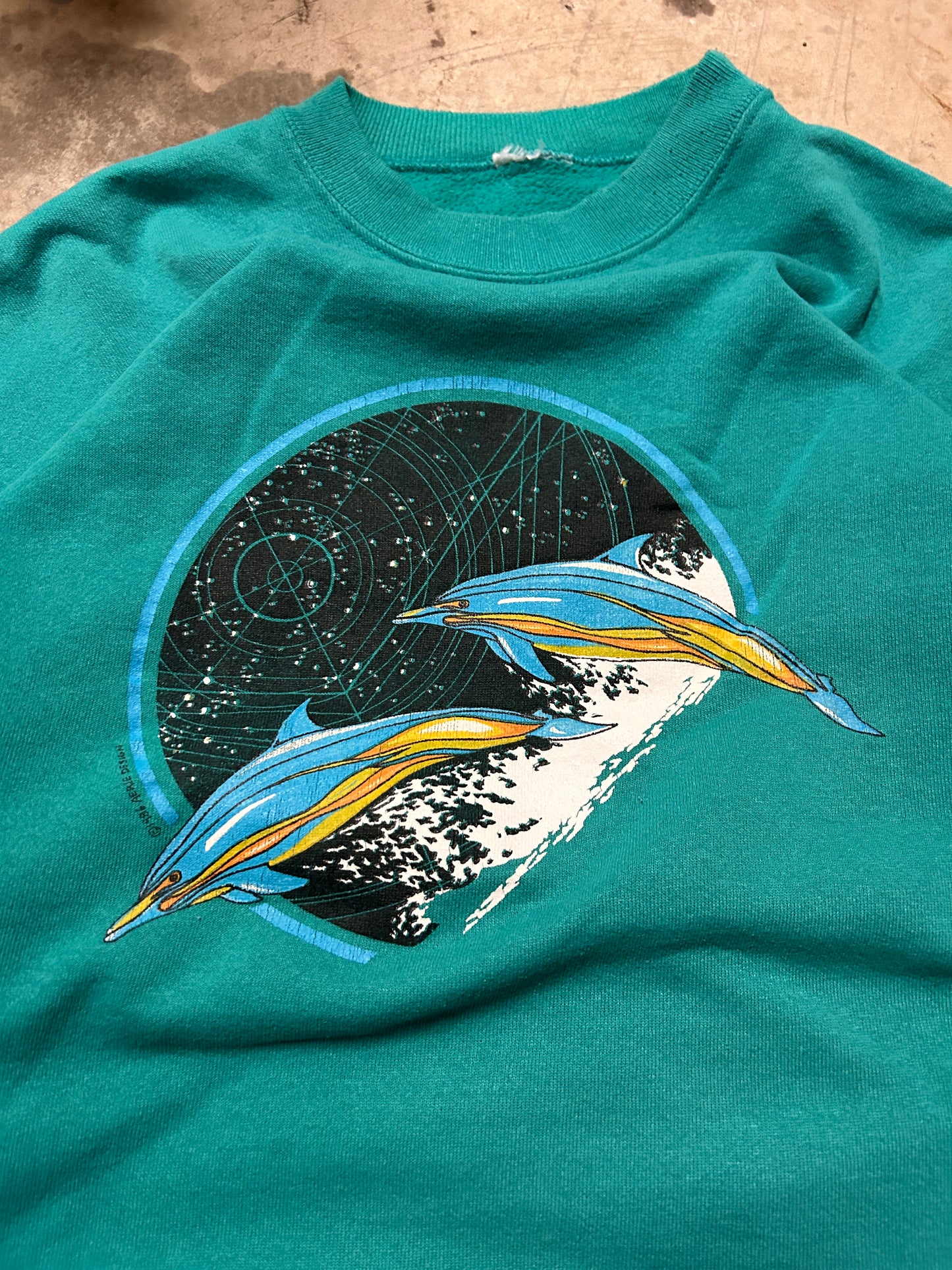 Vintage 1986 Aeire Designs Turquoise Space Dolphins Crewneck (L)