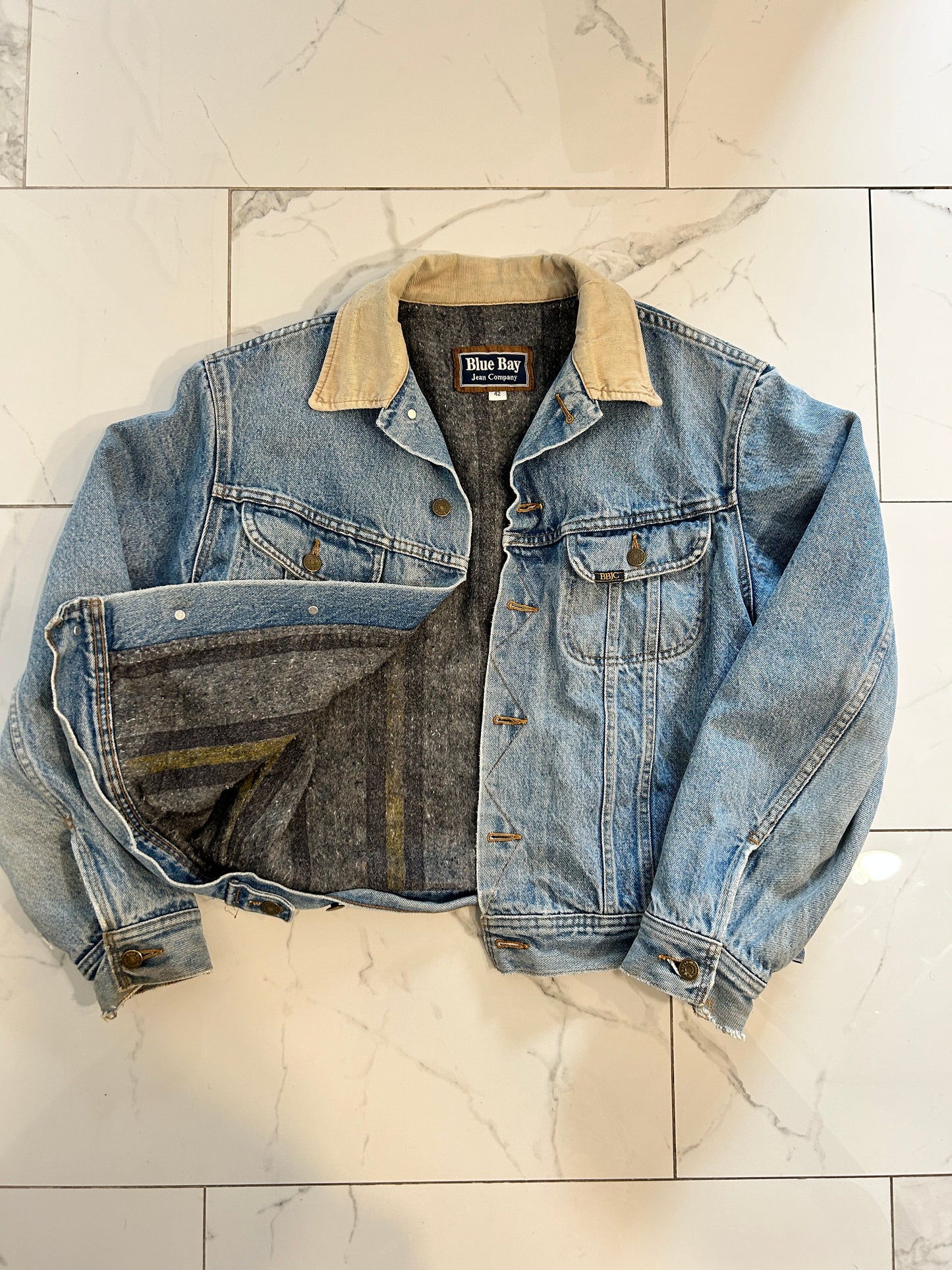 Vintage Blue Bay Jean Blanket Lined Denim Jacket (M)