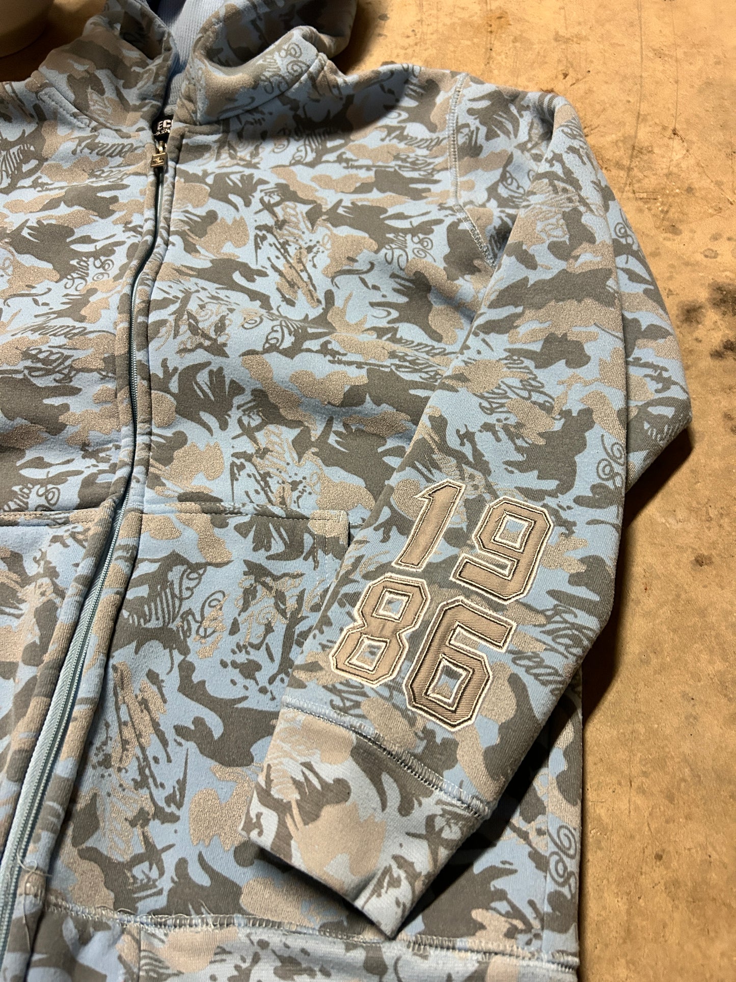 Y2K Mecca Blue Camo Waffle Lined Zip Hoodie (S)