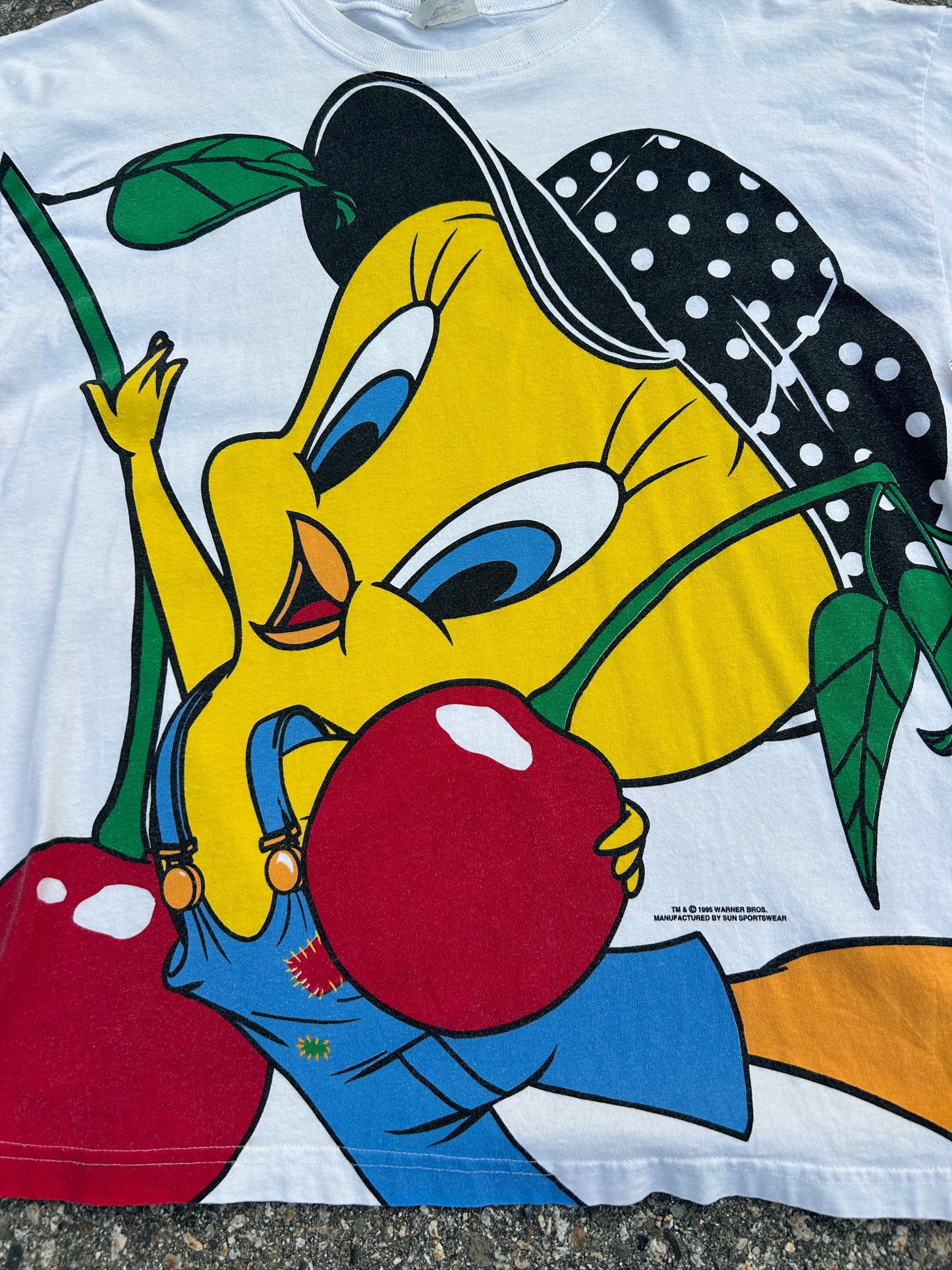 Vintage 1995 Single Stitch Full Print Tweety Bird Cherry Tee (L)