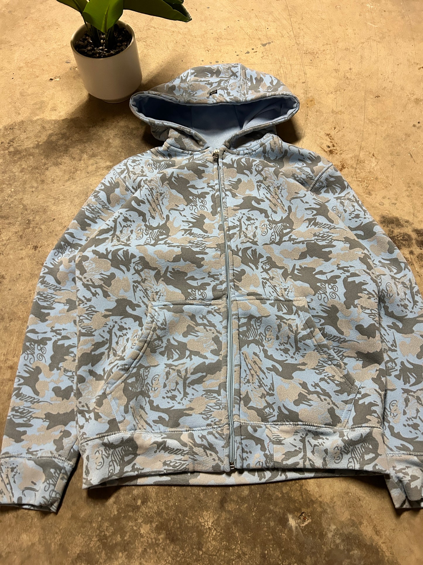 Y2K Mecca Blue Camo Waffle Lined Zip Hoodie (S)