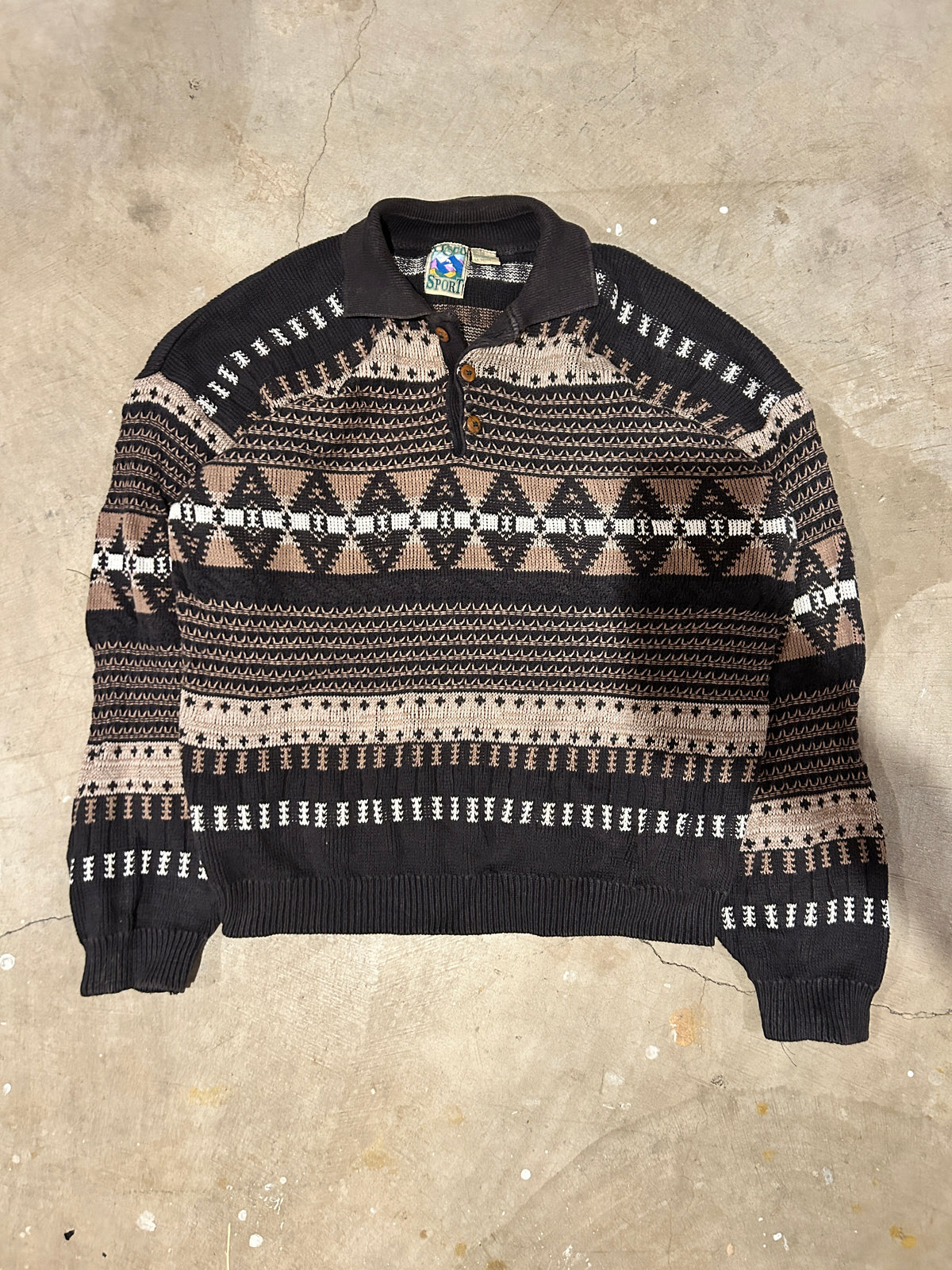 Vintage Brown Collared Patterned Knit Sweater (L)