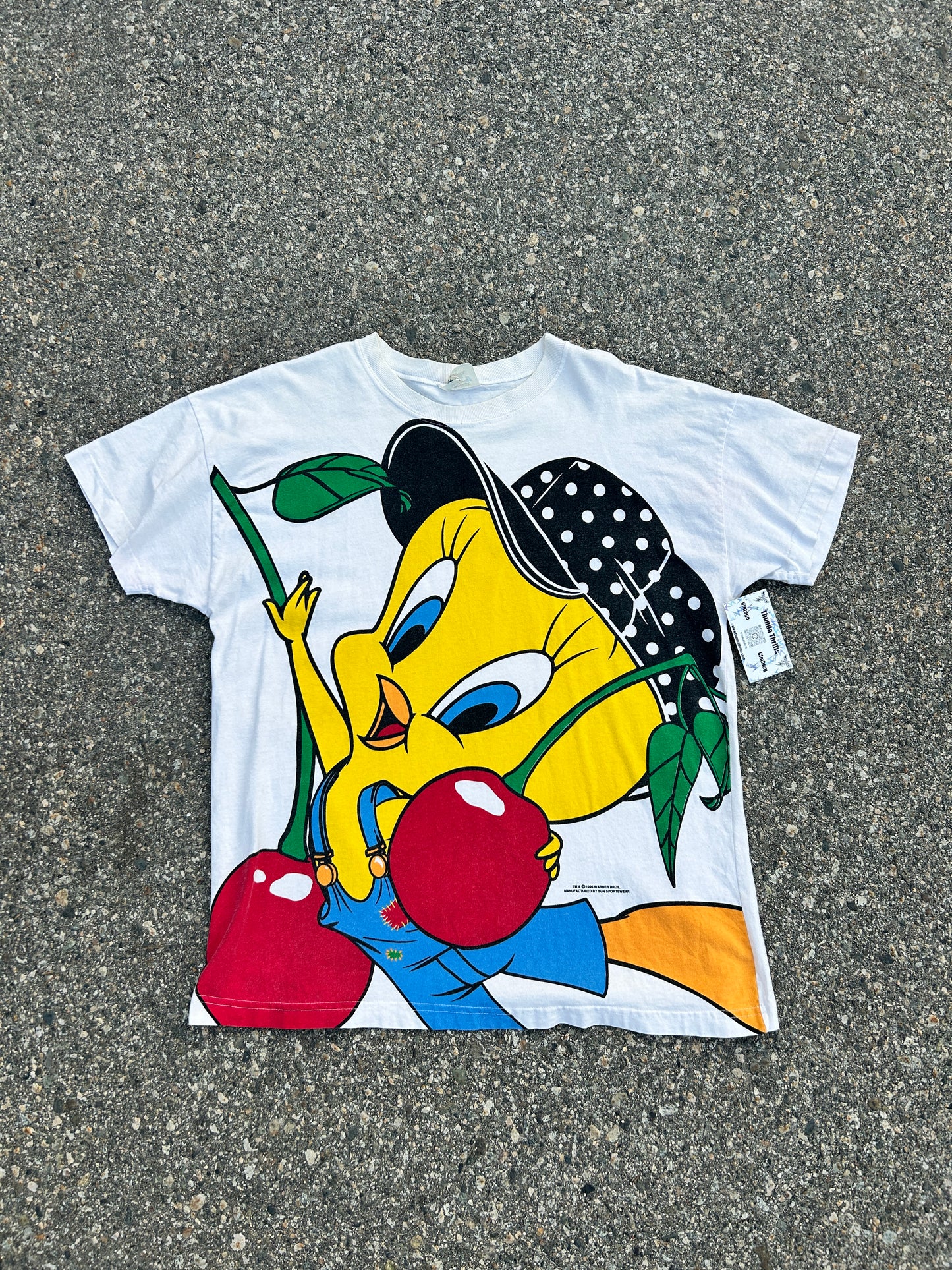 Vintage 1995 Single Stitch Full Print Tweety Bird Cherry Tee (L)