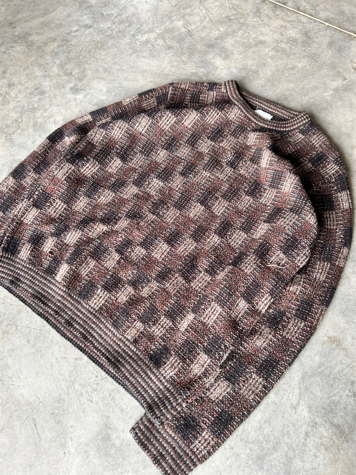 Vintage Outline Brown Square Patterned Knit Sweater (M)