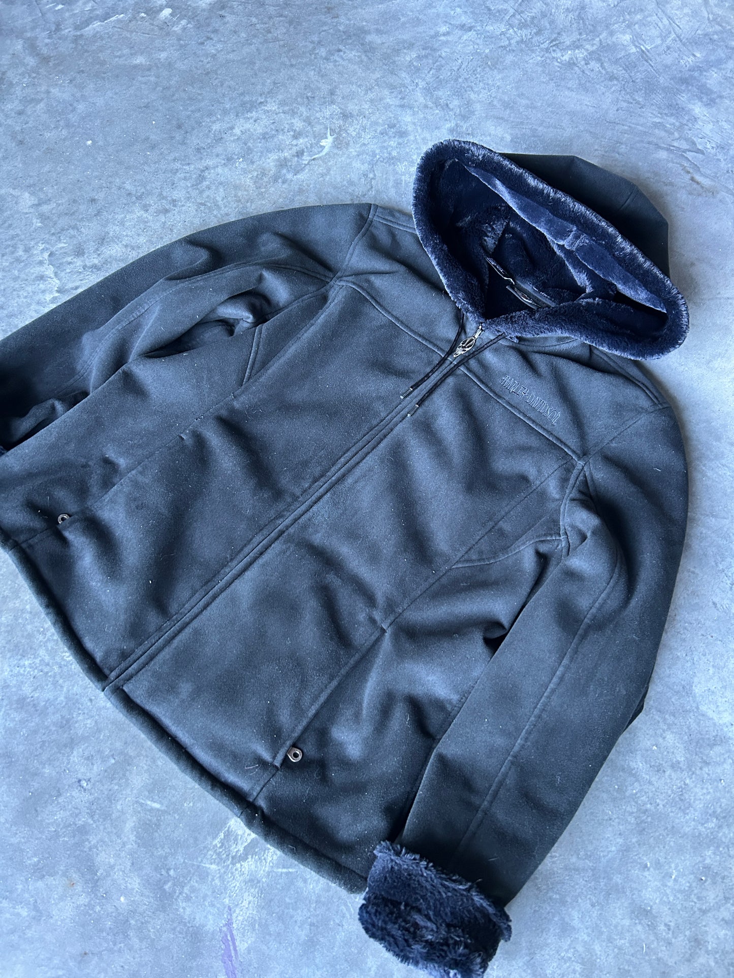 Y2K Suede Fur Lined Harley Zip Hoodie (XL)