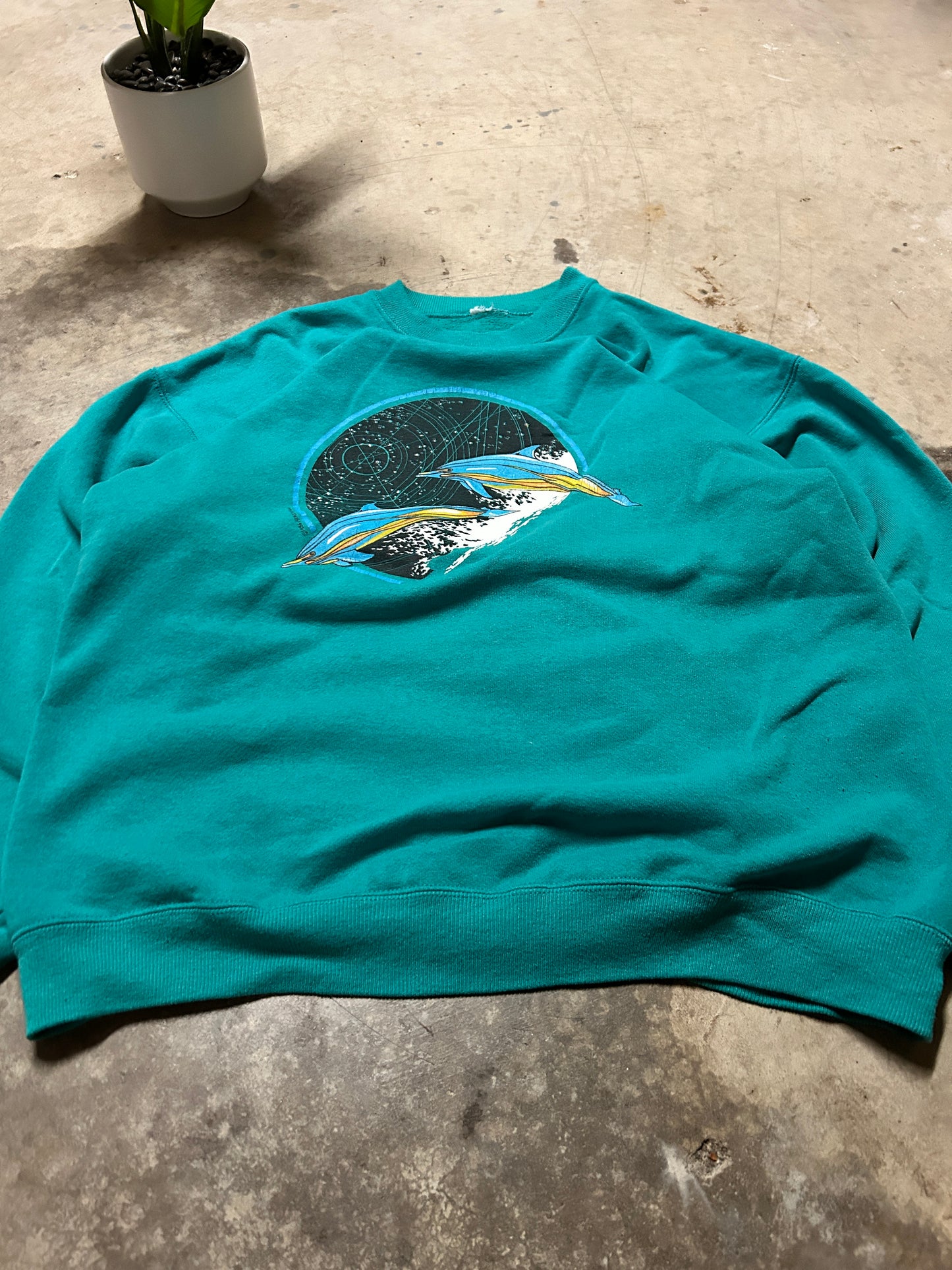 Vintage 1986 Aeire Designs Turquoise Space Dolphins Crewneck (L)