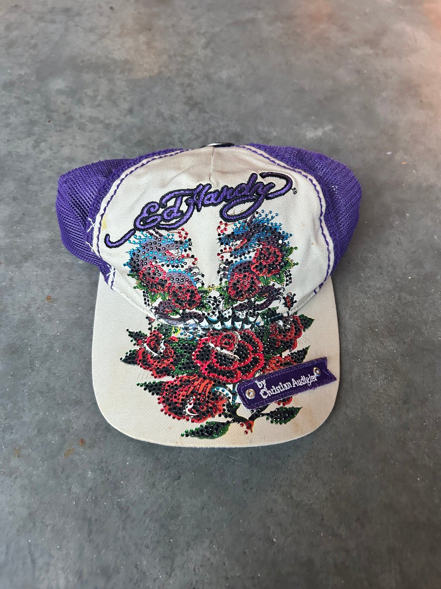 Y2K Ed Hardy Denim Brim Twin Dragon Bejeweled Trucker Hat
