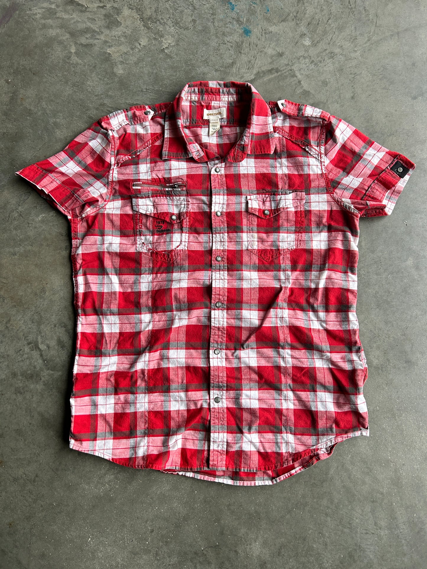 Y2K Red Plaid Diesel Button Up Shirt (XL)