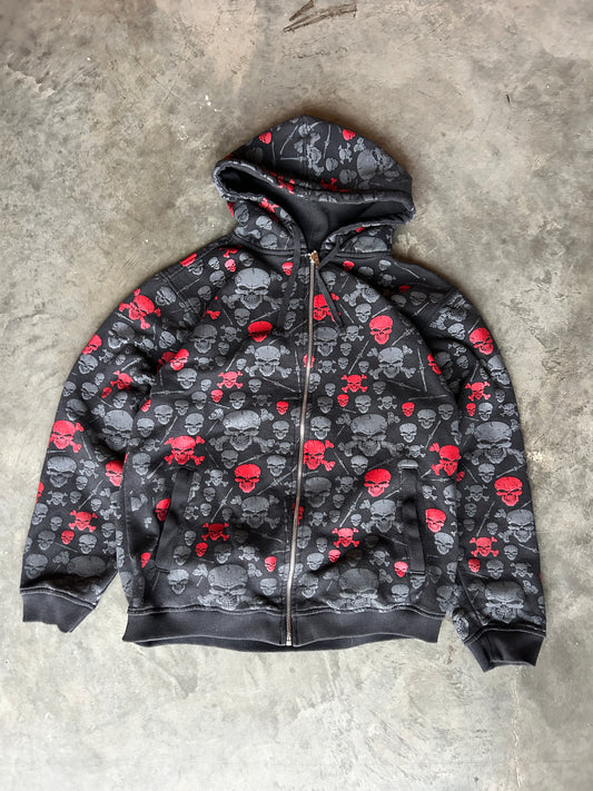 Y2K Skull Barb Wire AOP Zip Hoodie (M)