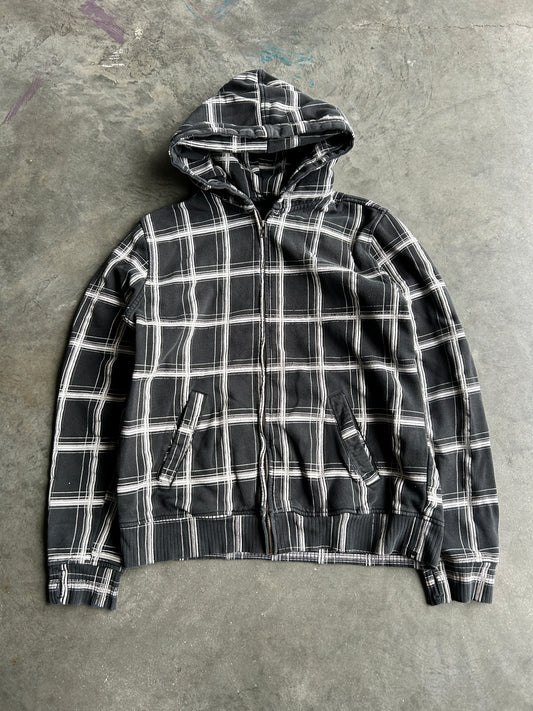 Y2K Hurley Black & White Plaid Striped Zip Hoodie (M)