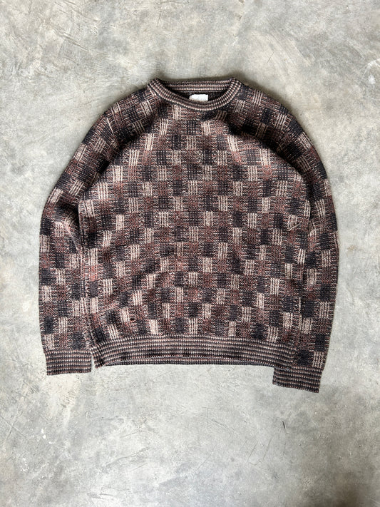 Vintage Outline Brown Square Patterned Knit Sweater (M)