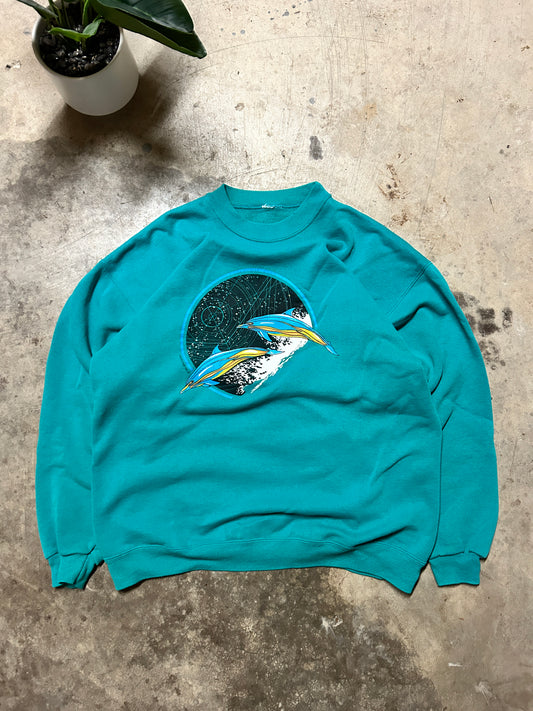 Vintage 1986 Aeire Designs Turquoise Space Dolphins Crewneck (L)