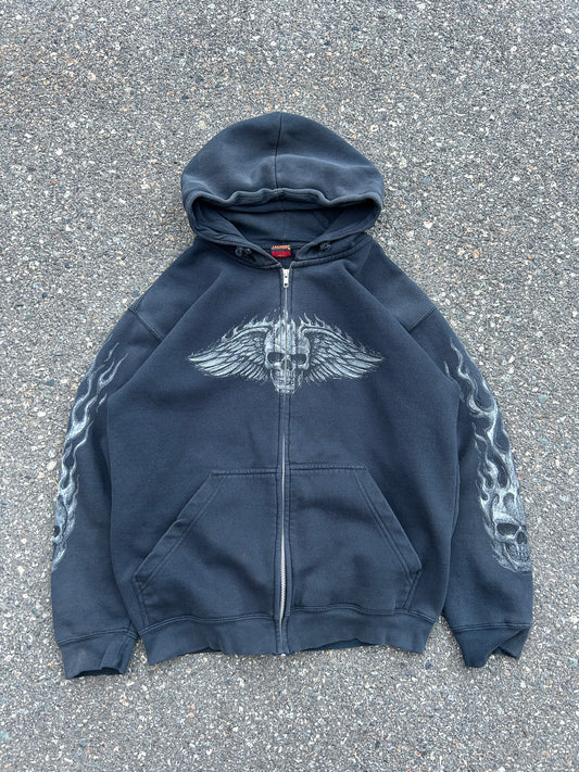 2010 Faded Hot Leathers Flaming Skull Zip Hoodie (M)